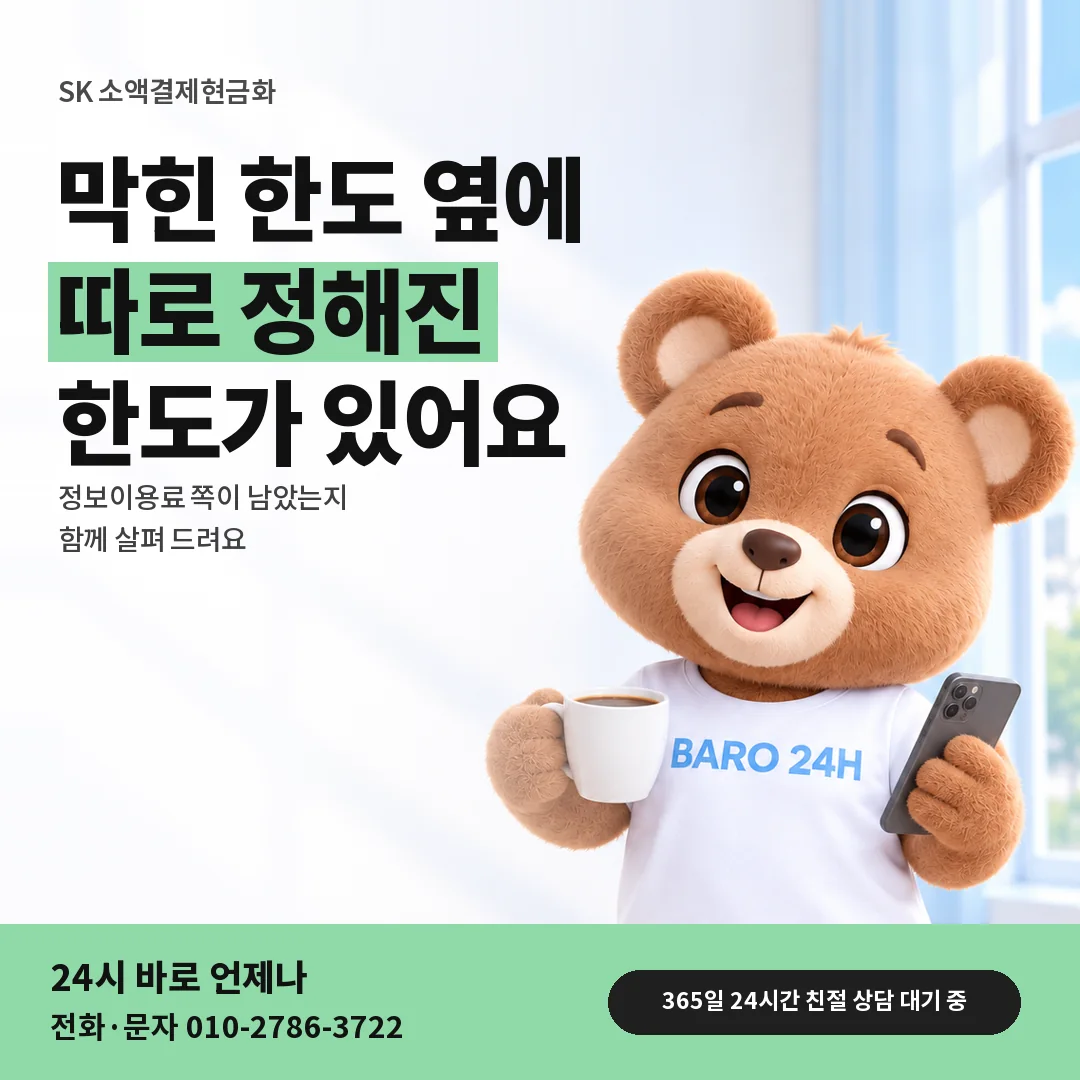 BARO 24H 티셔츠를 입은 3D 곰 캐릭터 옆에 「SK 정보이용료 한도 함께 보기」 제목을 얹은 안내 카드